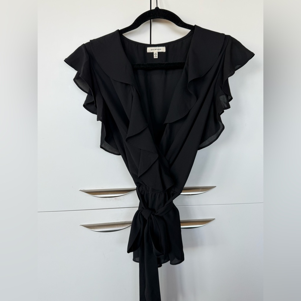 Max Studio Black Spring Work Blouse - Wrap-style, V-neck, elastic waist